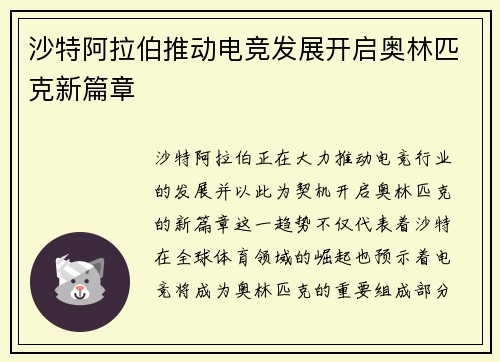 沙特阿拉伯推动电竞发展开启奥林匹克新篇章
