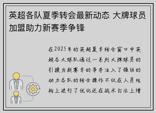 英超各队夏季转会最新动态 大牌球员加盟助力新赛季争锋